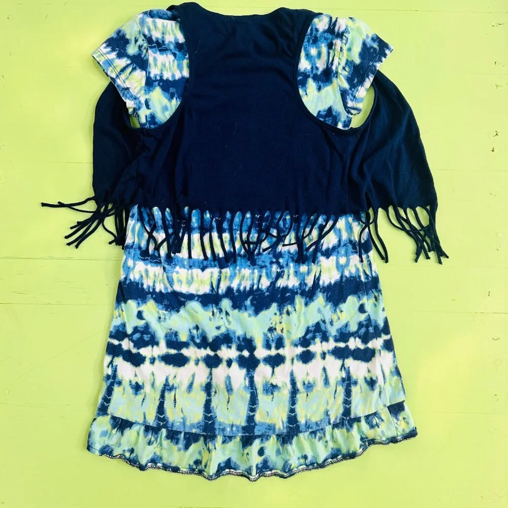 Justice Size 10 Tie Dye Peace Sign Dress Fringe Vest Blue Hippie Boho Style